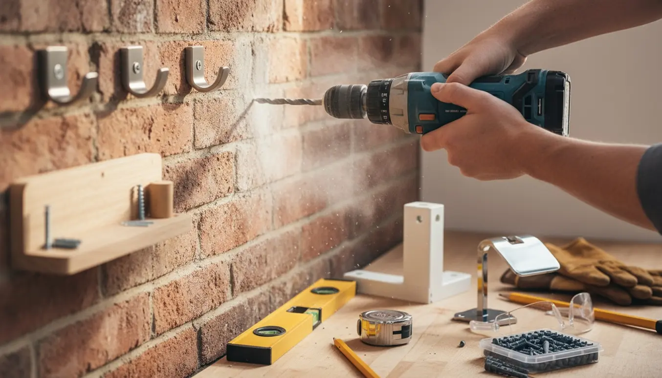 Nærbillede af hænder, der borer i en murstensvæg for at montere hylder, knager og en toiletrulleholder.