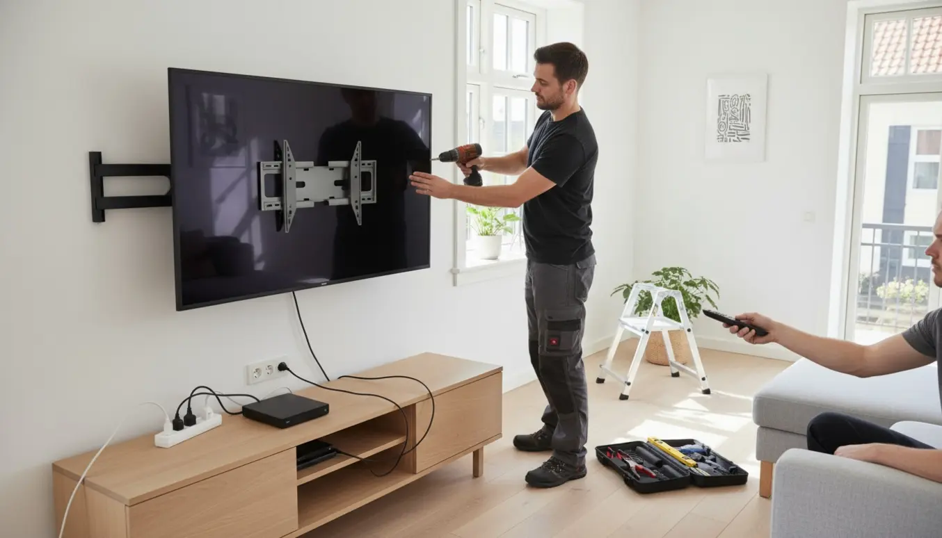 Tekniker monterer nyt fladskærms-tv og tilslutter en lille set-top-boks i en lys stue.