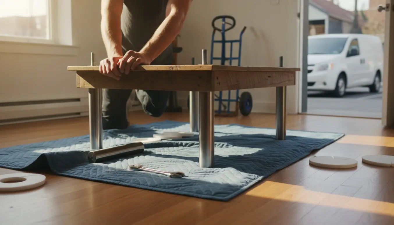 Sofabord med afmonteret ben og værktøj på et tæppe klar til afhentning.