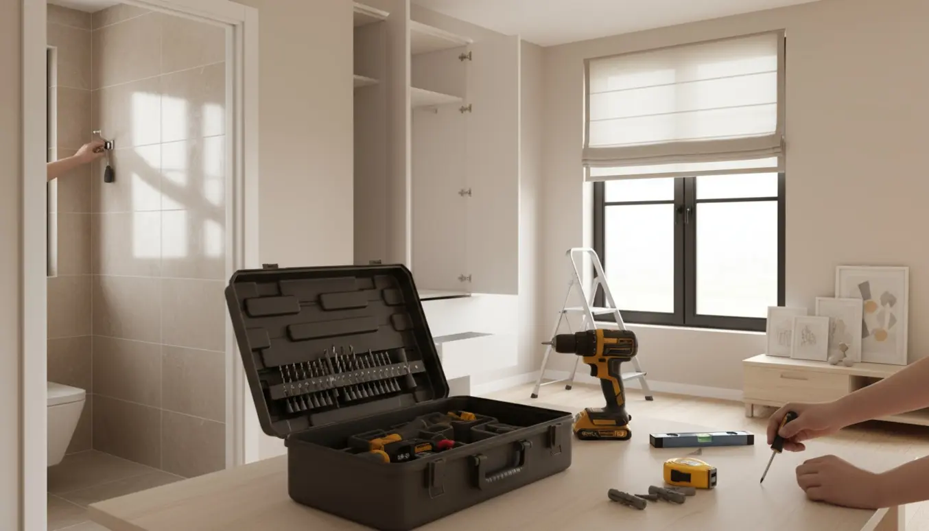 Værktøj og hænder monterer skabslåge og håndklædekrog med gardiner og hylder klar i et lyst hjem.