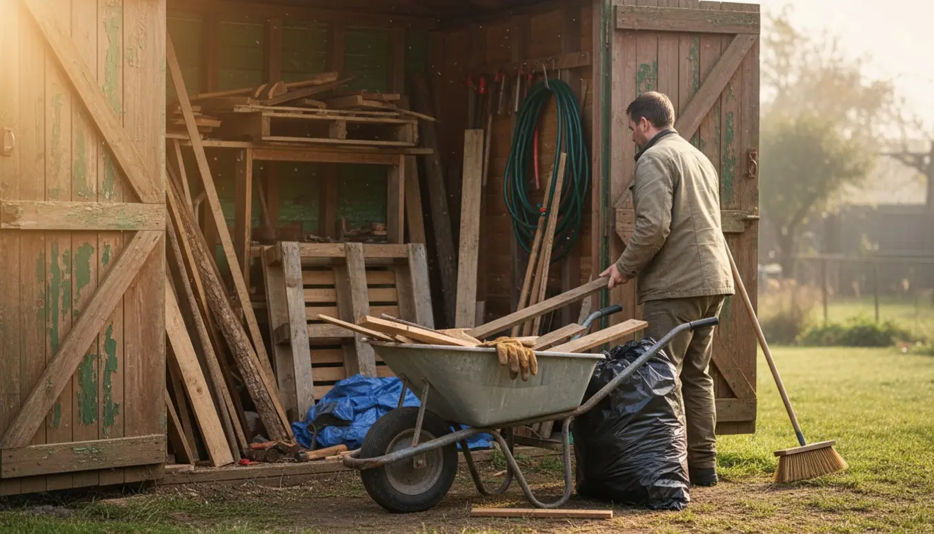 Åbent skur med stabler af træ og en trillebør fyldt med skrot klar til fjernelse.