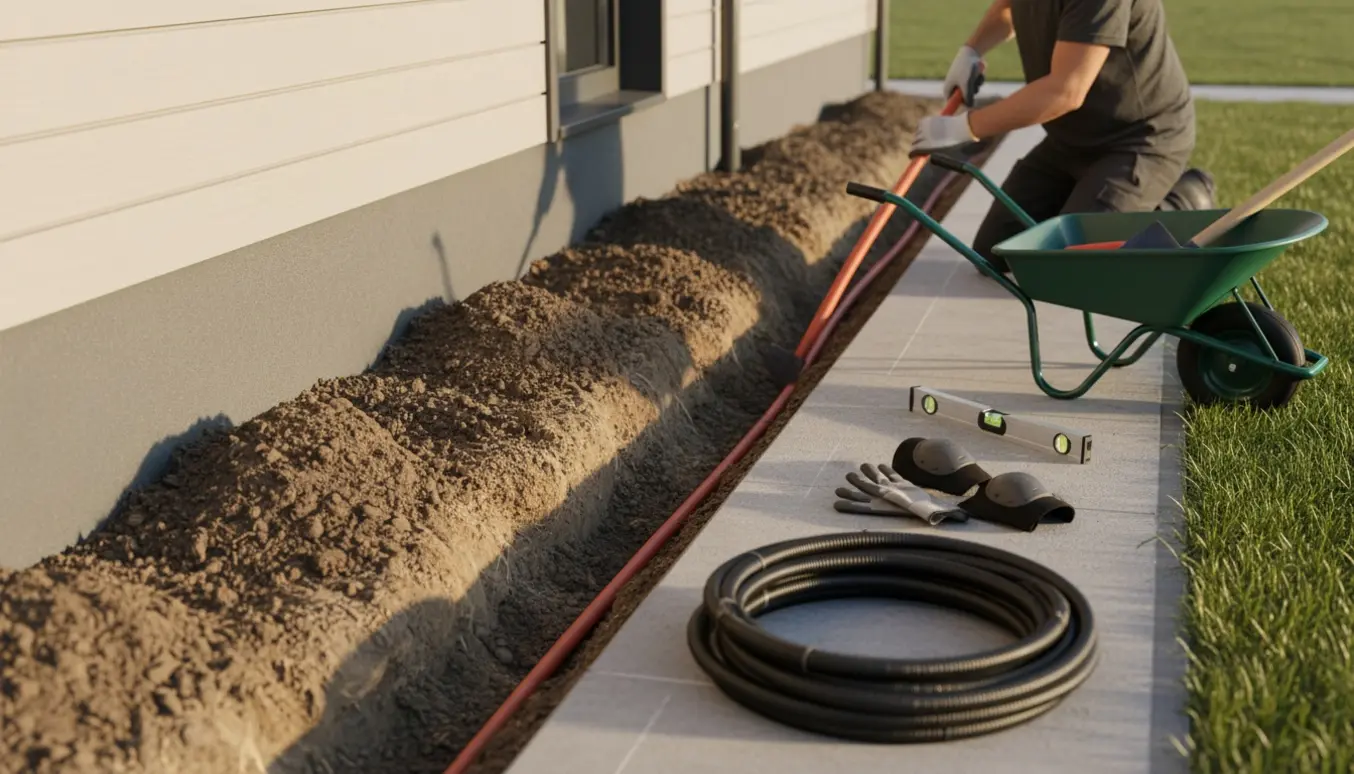 Rende gravet langs husets fundament med orange kabelrør og værktøj klar til installation af en ladestander.