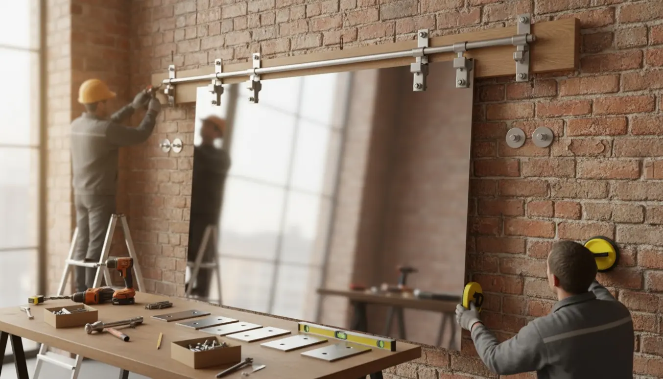 Stort spejl hængslet ud fra en murstensvæg, håndværker justerer hængsler og bolte med værktøj.