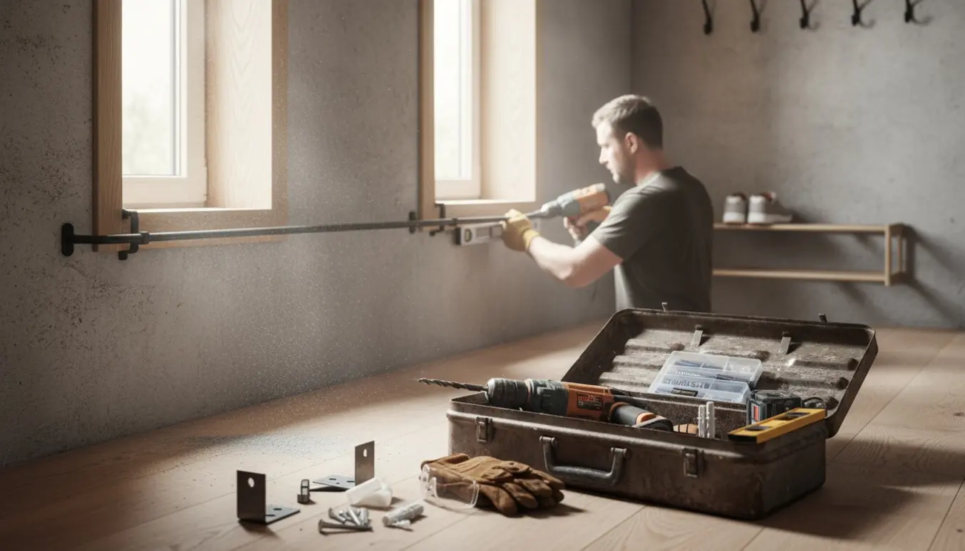 Håndværker monterer gardinskinner, skohylde og håndklædekroge med borehammer og værktøj i en lys entré.