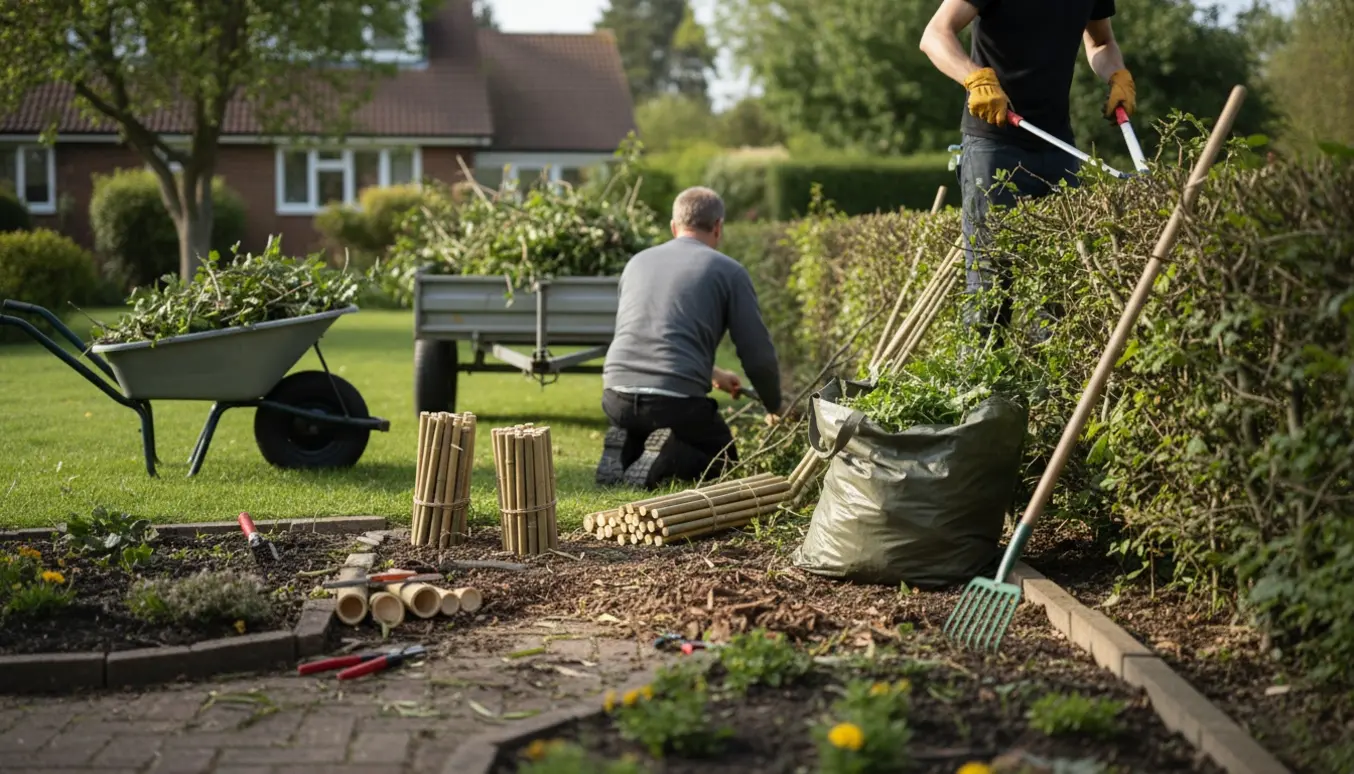 Havearbejder set fra ryggen fjerner bambus og tjørn ved bede med trillebør og bunke haveaffald.