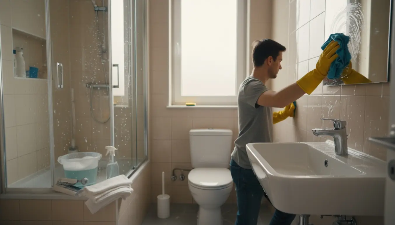 Hænder i gule gummihandsker rengør et lille badeværelse med fliser, bruseniche, toilet og spejl.