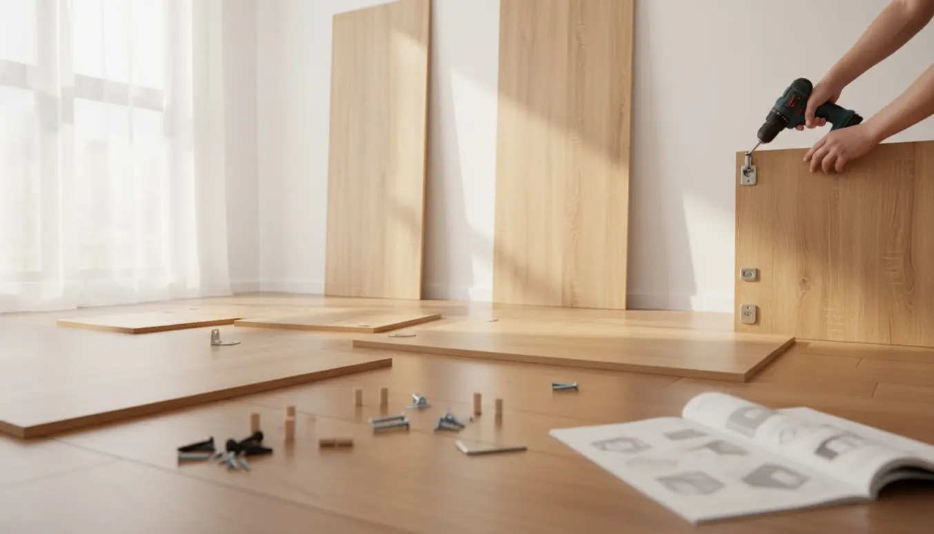 Delvist samlet stort klædeskab i et lyst soveværelse, hænder skruer et hængsel på blandt værktøj og plader.