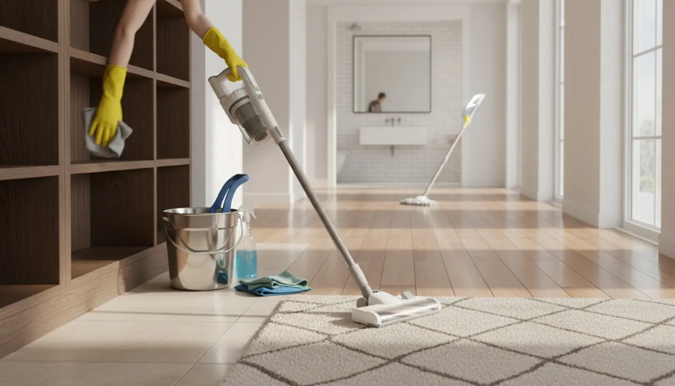 Solbelyst hjem med støvsuger, moppe og rengøringsudstyr, der viser en nylig rengøring.