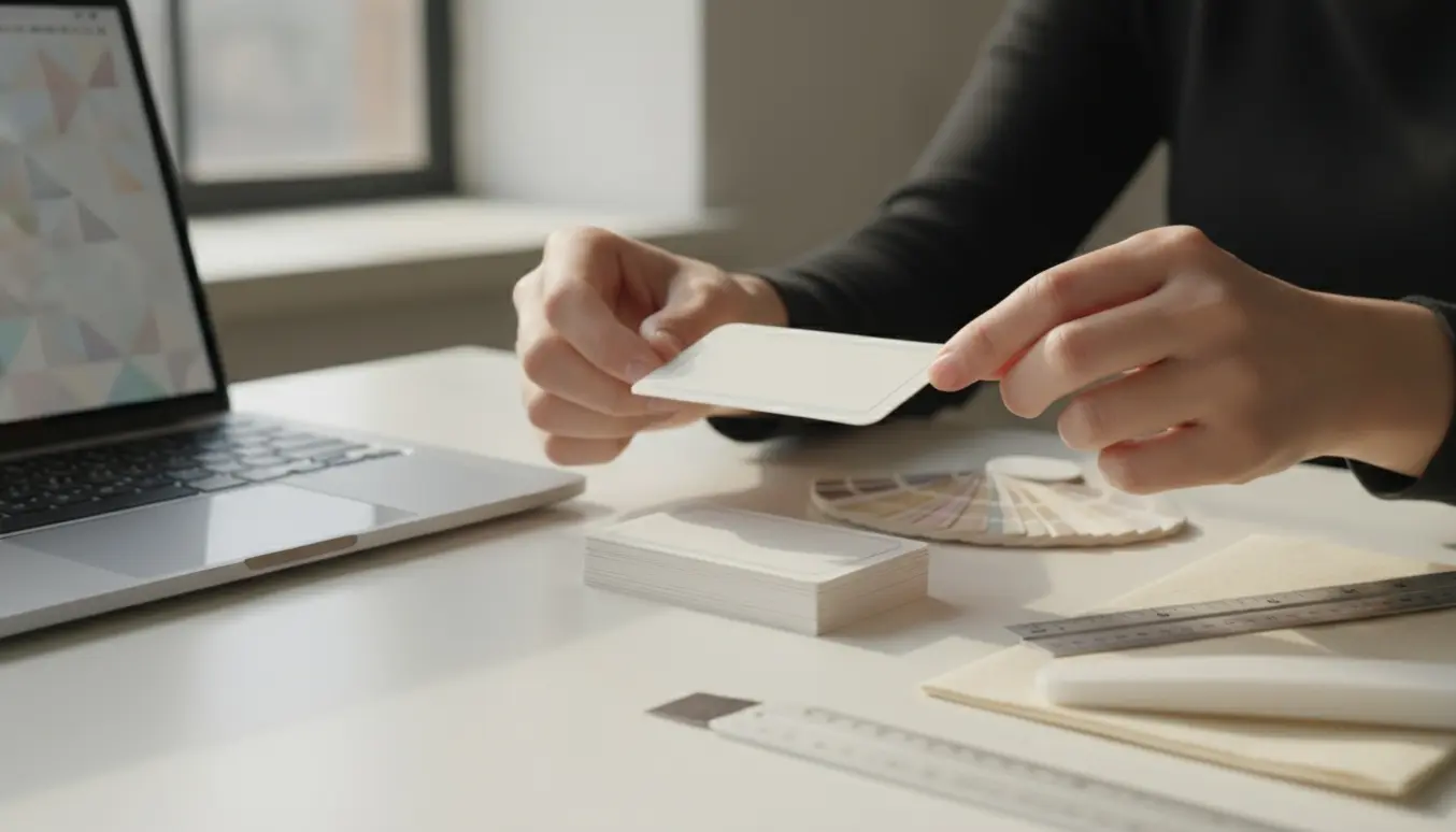 Et lyst arbejdsbord med simple matte visitkort, farveprøver og værktøj til design og finish.
