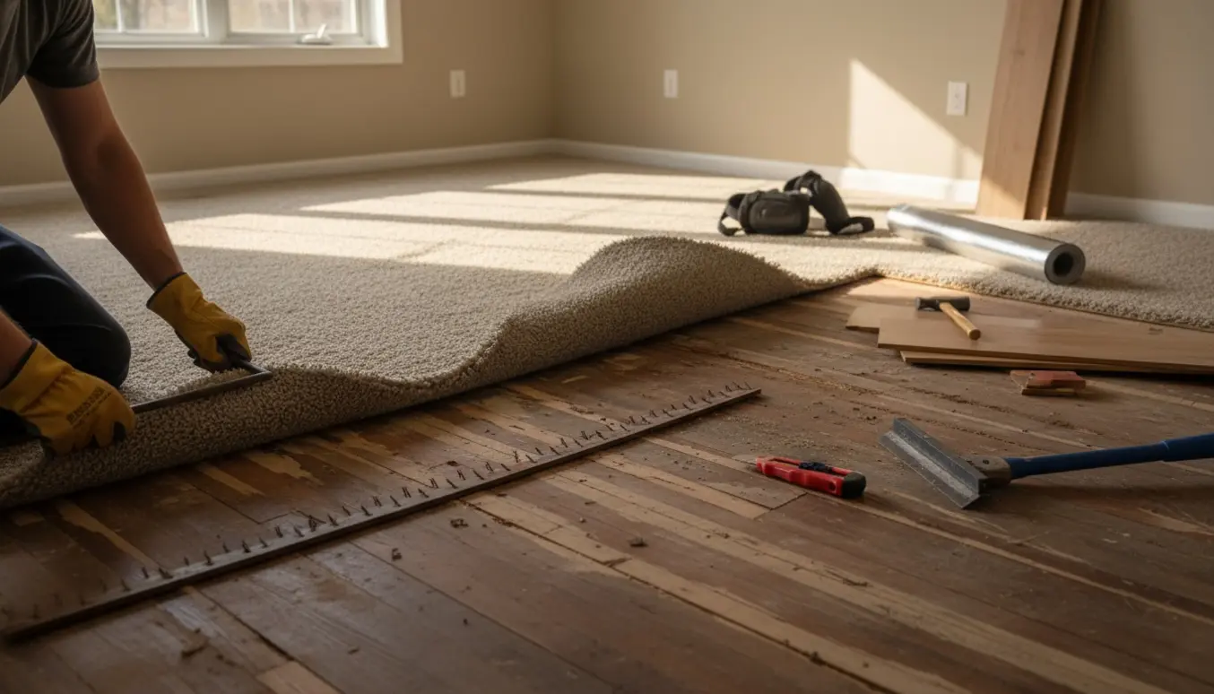 Delvist fjernet gulvtæppe i stue afslører sunket trægulv og værktøj klar til gulvrenovering.