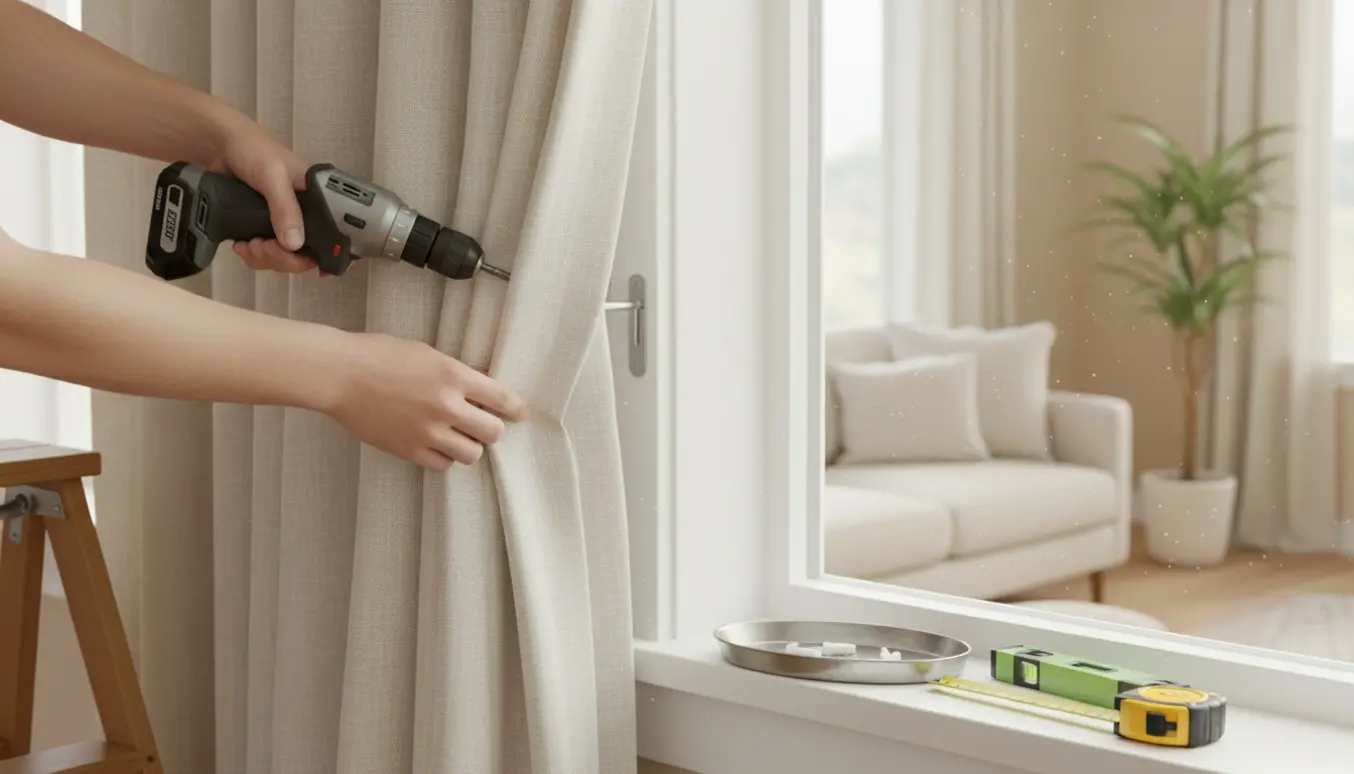 En person monterer en gardinstang og hænger et lyst gardin i en lys lejlighed.