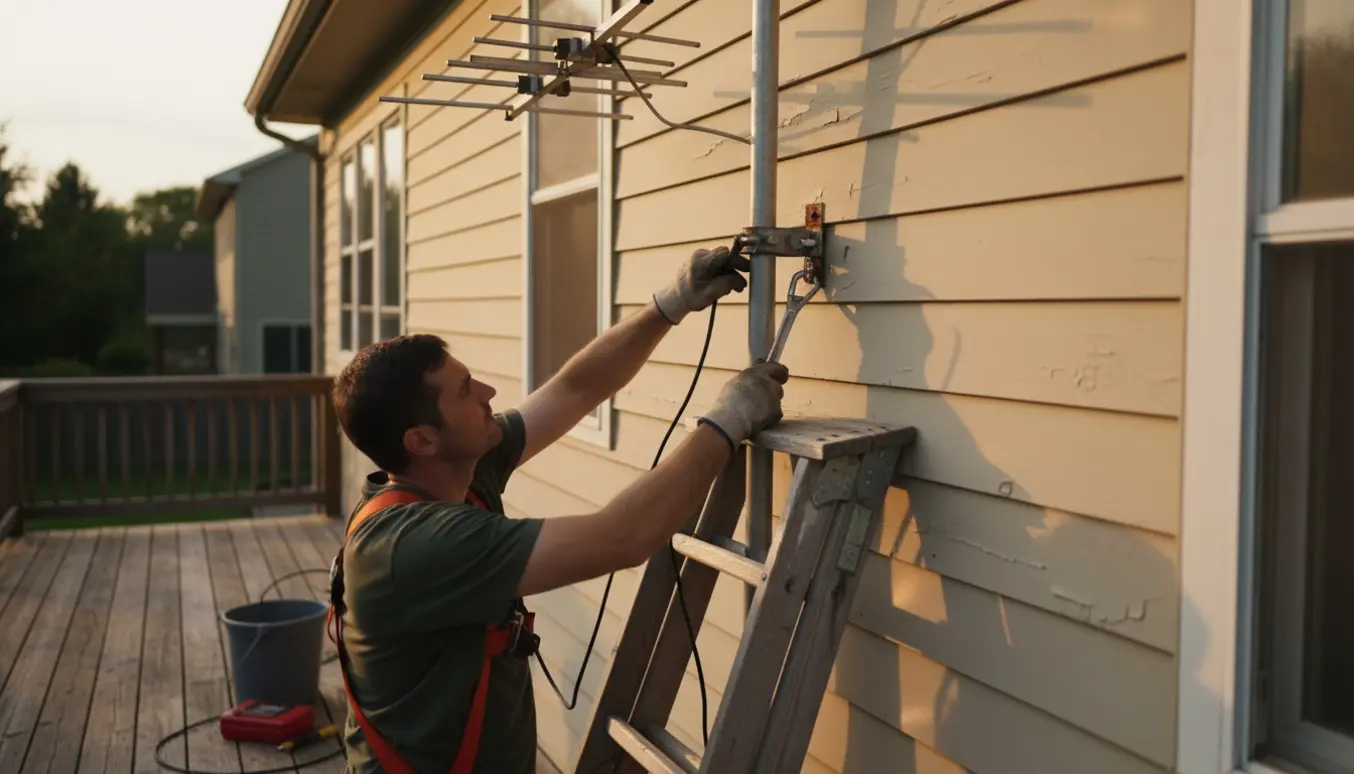 En person fjerner en udendørs antenne fra husfacaden med en stige placeret på terrassen.