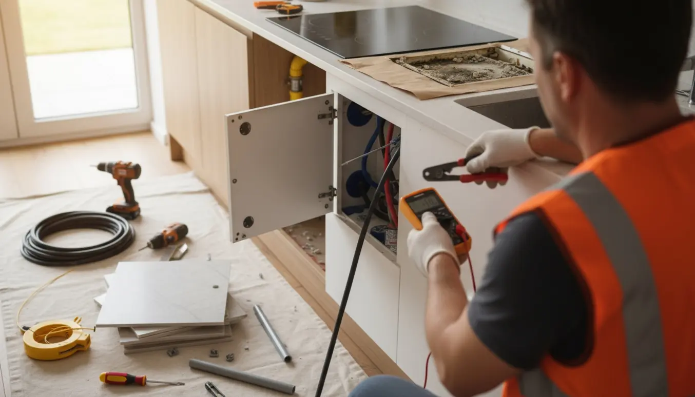 En elektriker forbinder strøm til en induktionskogeplade i et køkken under renovering.