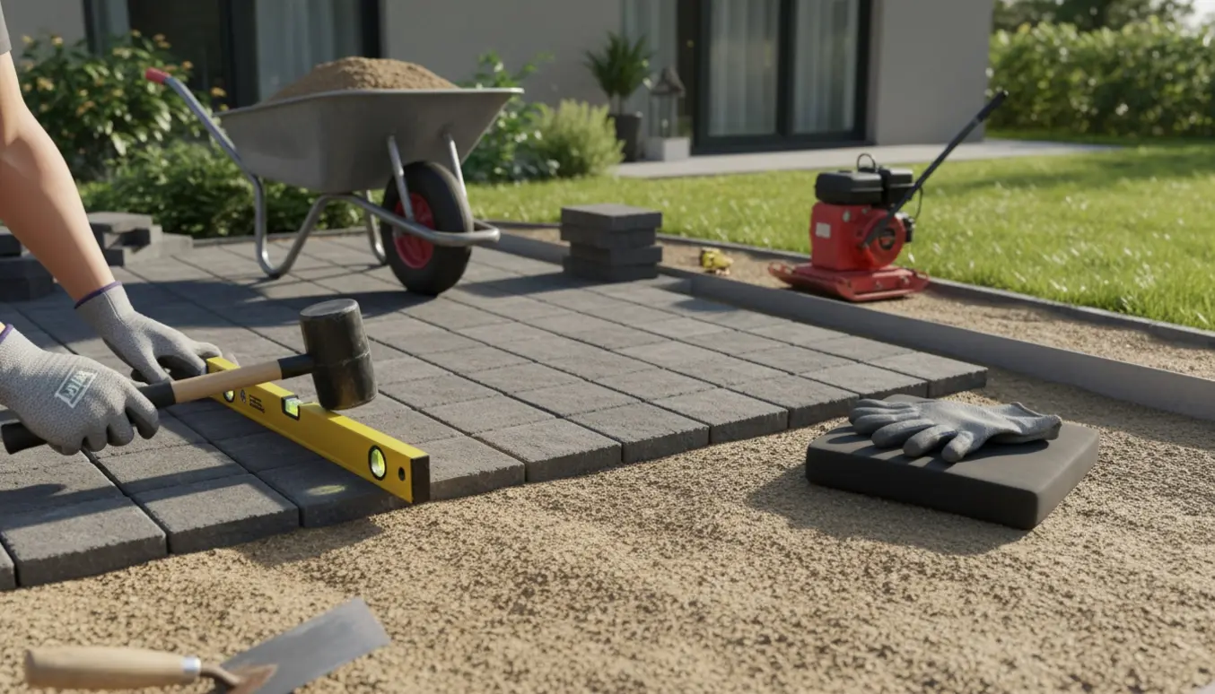 Lille terrasse under belægning med fliser, værktøj og materialer i en have.