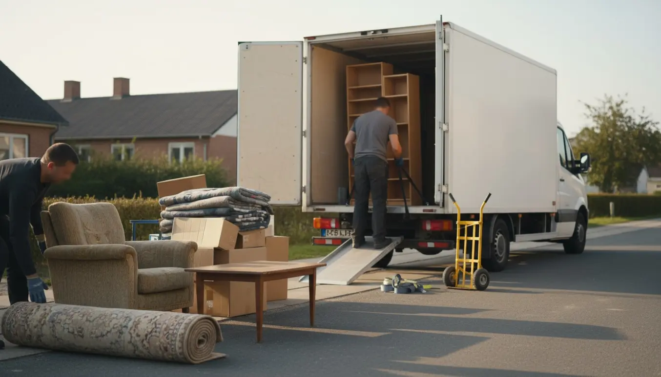 En kassevogn lastes med storskrald som tæpper, møbler og en høj reol på en boligvej.