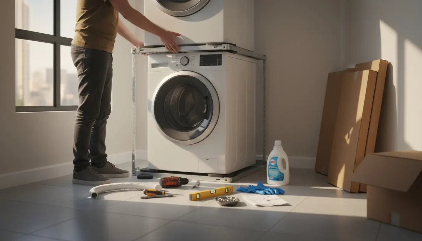 To personer stabler en tørretumbler oven på en vaskemaskine i et lyst vaskerum med værktøj og flyttekasser i baggrunden.