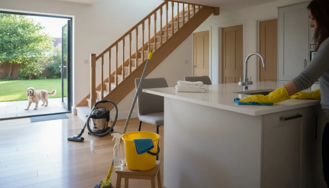 Nyvasket åben stue og køkken med moppe og støvsuger i forgrunden og en cocker spaniel i haven set gennem terrassedøren.