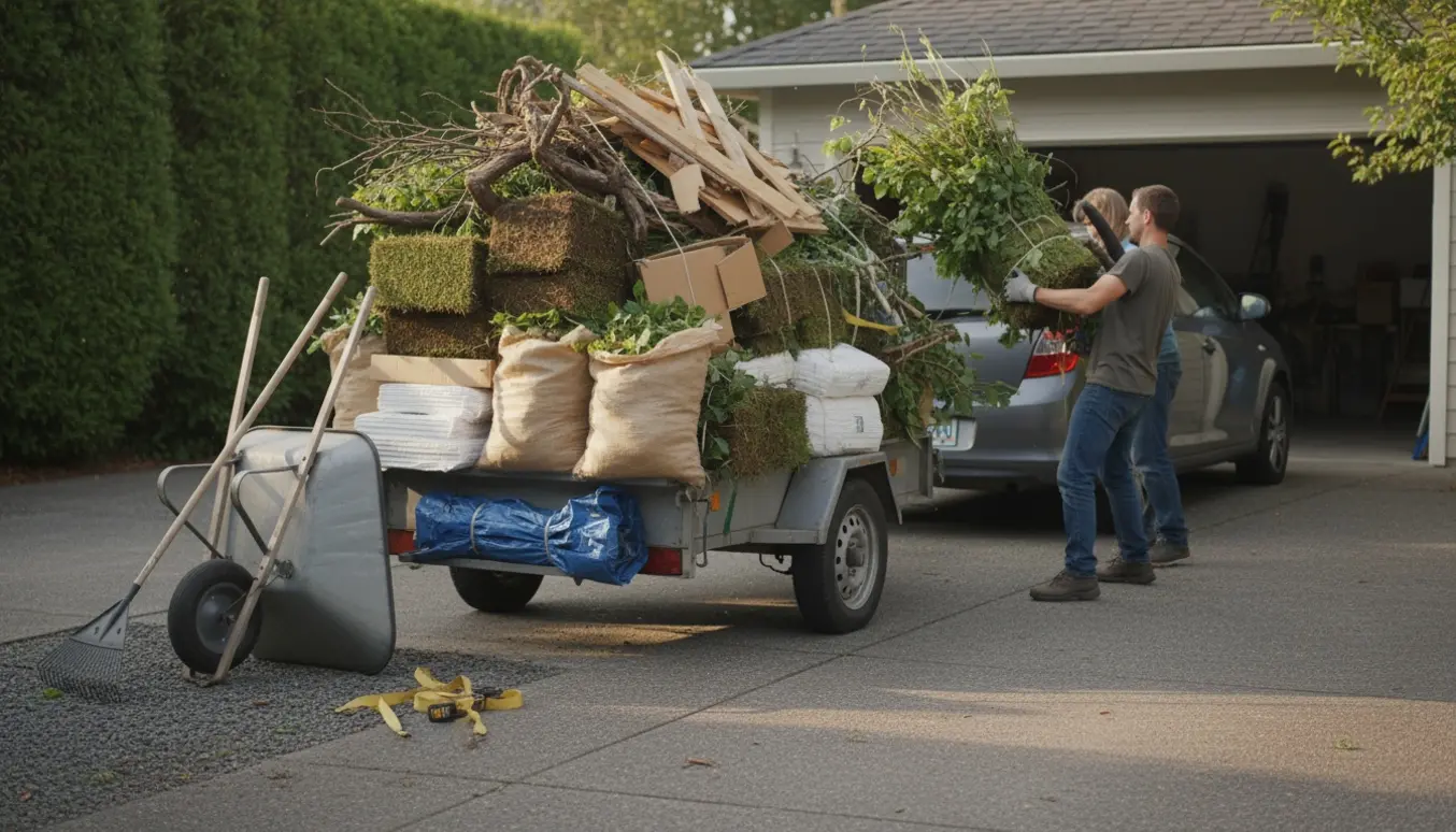 Bil med trailer bliver læsset med bulkgods af have- og byggeaffald på en indkørsel, folk lægger bundter på traileren uden at ansigter ses.