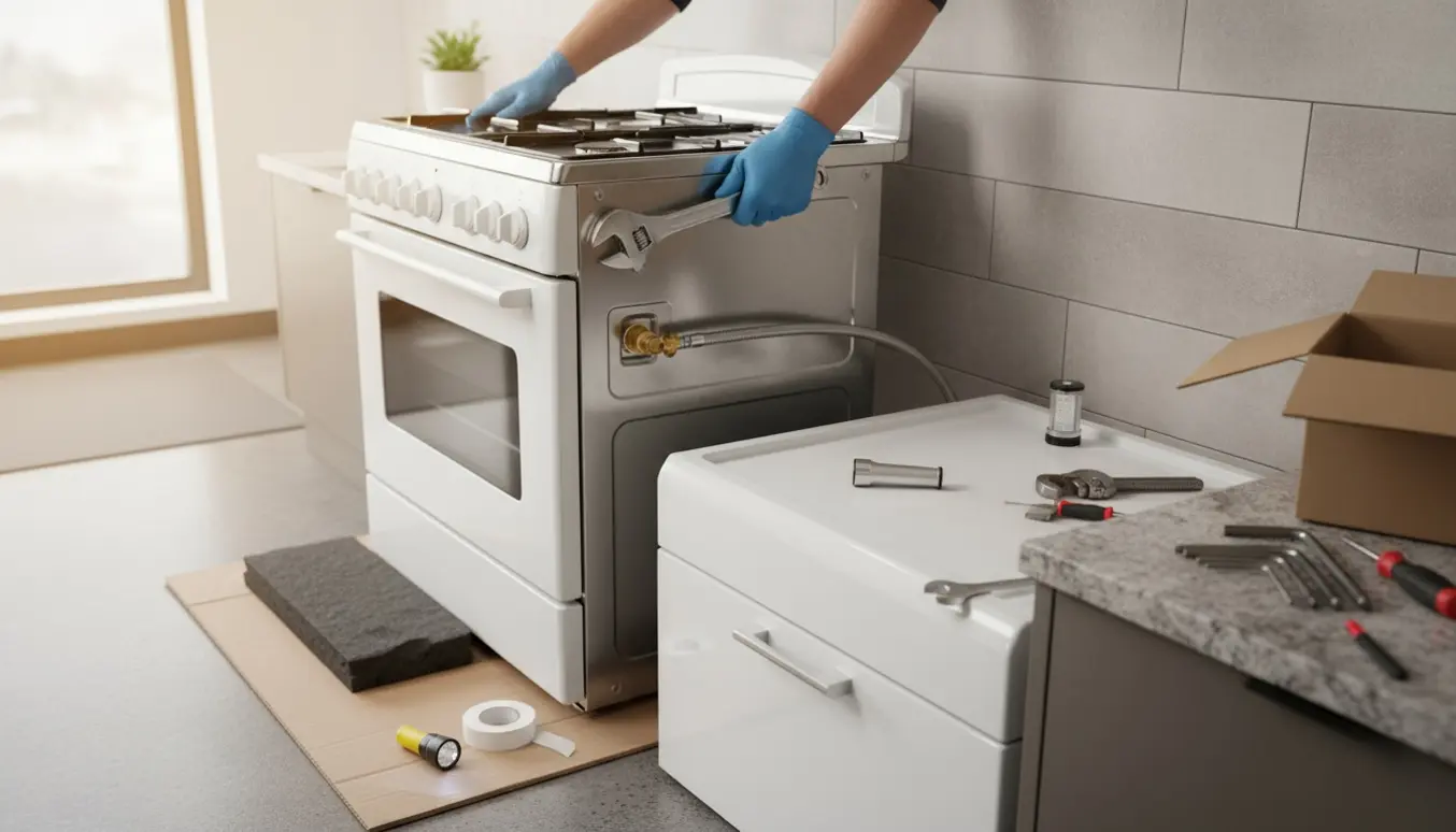Håndværker tilslutter nyt gaskomfur i et moderne køkken med værktøj og gasstudse i fokus.