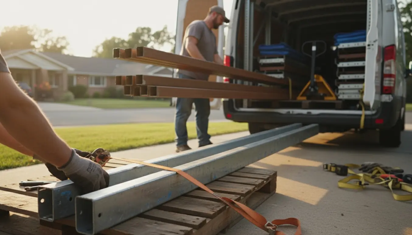 To flyttemænd læsser nedtagne stålreoler i en varebil, med surringsremme og paller synlige.