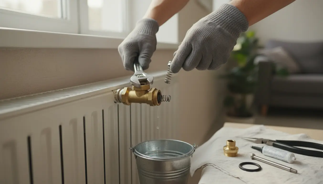 Nærbillede af hænder, der reparerer en åben radiatorventil med værktøj og reservedele.