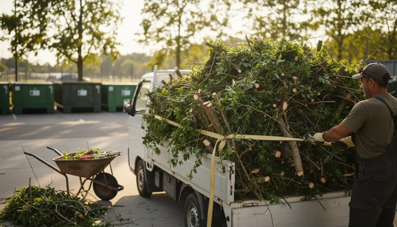 En lille lastbil lastet med grene og hækafklip ved en genbrugsplads, hvor en person sikrer læsset med en strop.