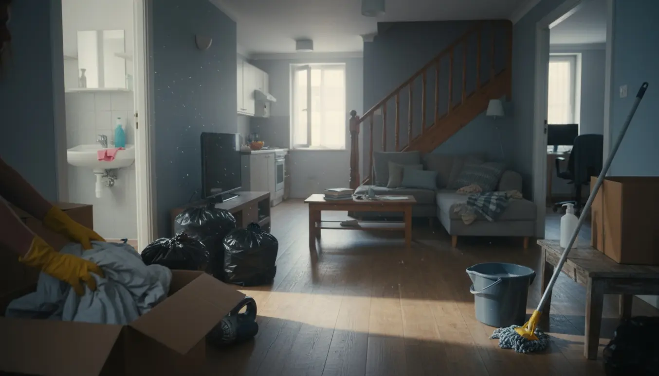 Indvendigt billede af et rækkehus midt i oprydning efter langvarig depression med kasser, sorte affaldsposer og rengøringsudstyr.