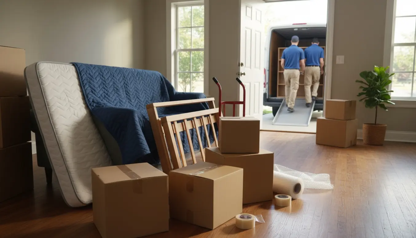 Flyttefolk læsser møbler og kasser ind i en flyttebil foran et hus, ansigter ikke synlige.