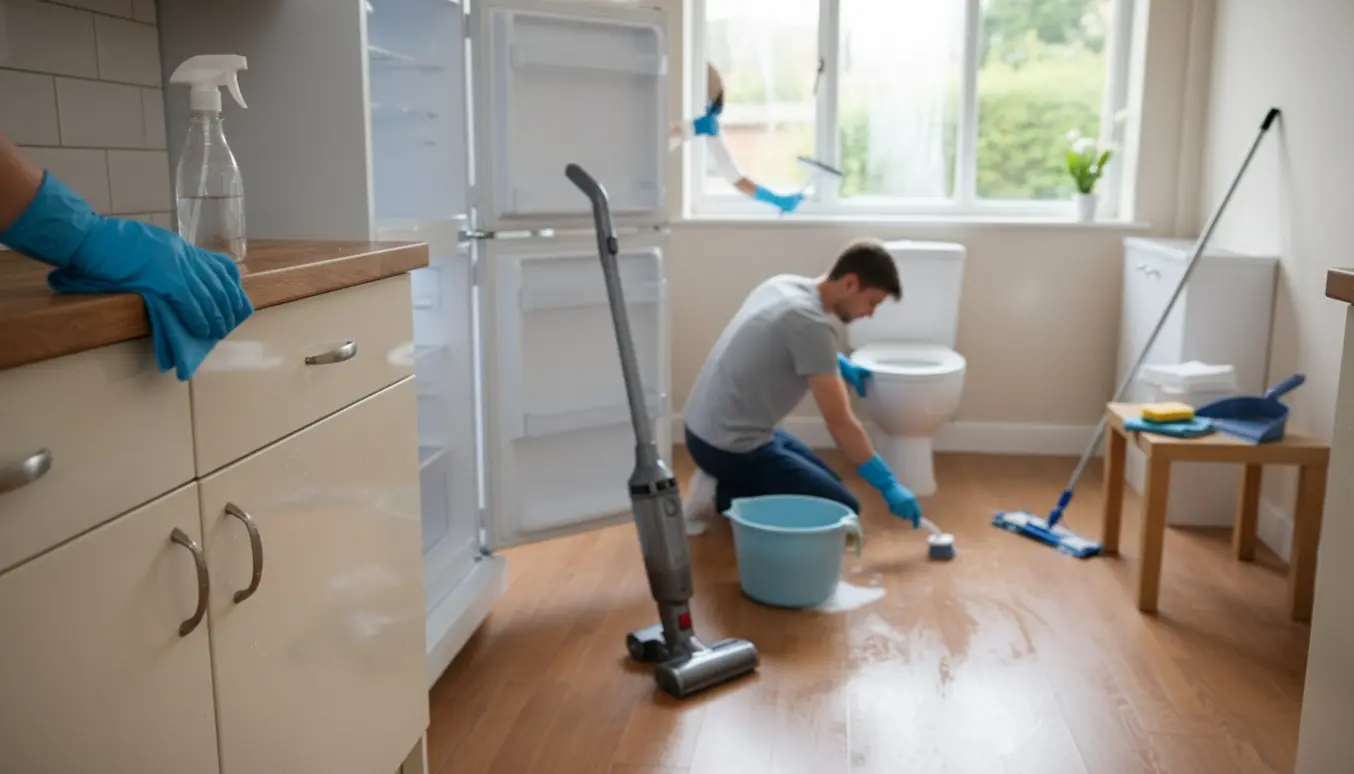 Totalrengøring i et rækkehus med vask af skabe, rengøring af køleskab, gulvmop og vinduespudsning.