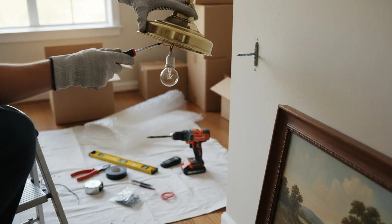 Hænder reparerer en loftlampe og sætter en kraftig skrue i væggen til et tungt billede i en stue.
