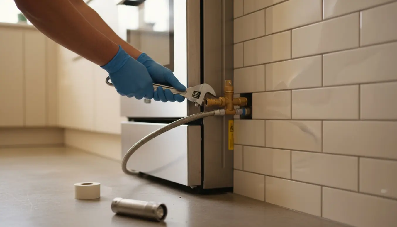 Nærbillede af hænder, der forbinder gaskomfuret til en snapkobling med regulator i et lyst køkken.