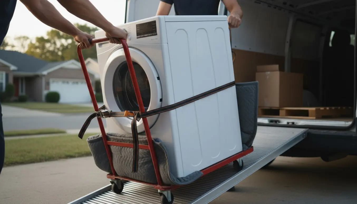 En vaskemaskine på en flyttekærre spændes fast ved en åben, ubemærket varevogn klar til at blive kørt til storskrald.