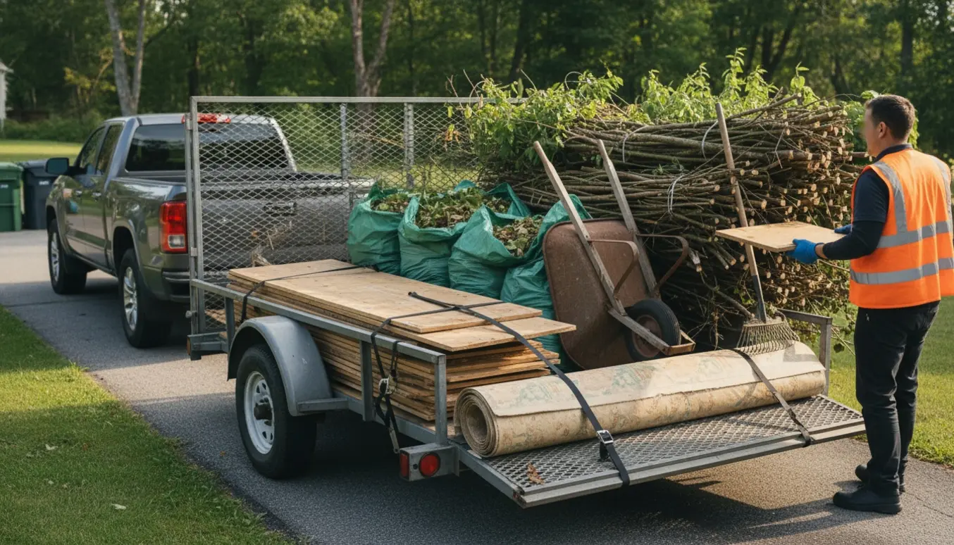 Trailer lastet med haveaffald og et gammelt gulv klar til aflevering på genbrugspladsen.