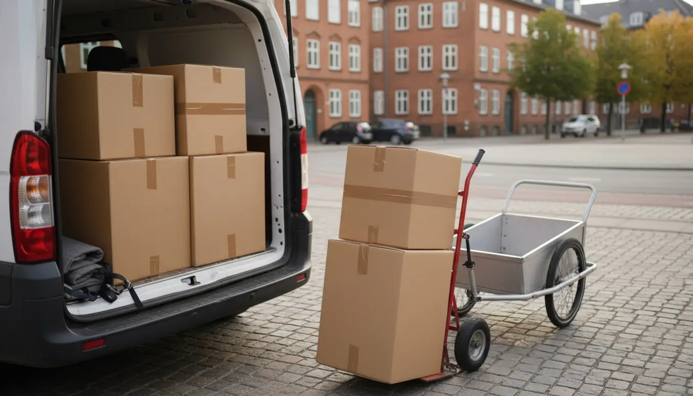 Seks store flyttekasser på sækkevogn og i åben varevogn på en københavnsk brostensplads.
