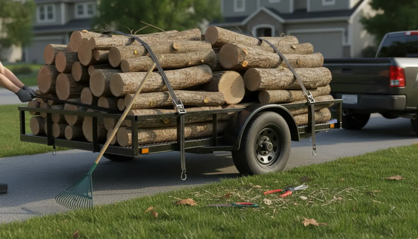 Trailer fyldt med afklippede grene på en villagræsplæne, med grensaks, rive og stropper klar til transport.