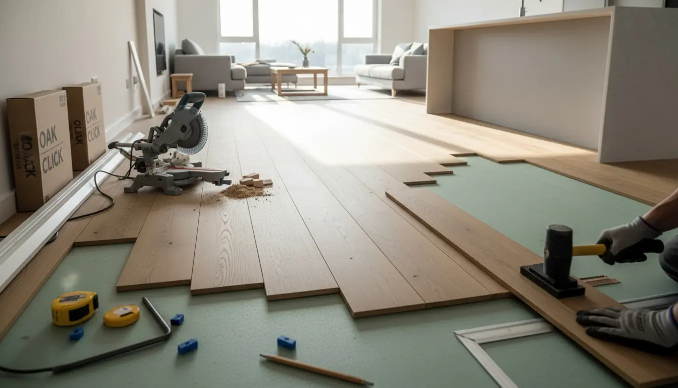 Åben køkken- og stueindgang med næsten færdigt klikgulv, værktøj og planker klar til montering.