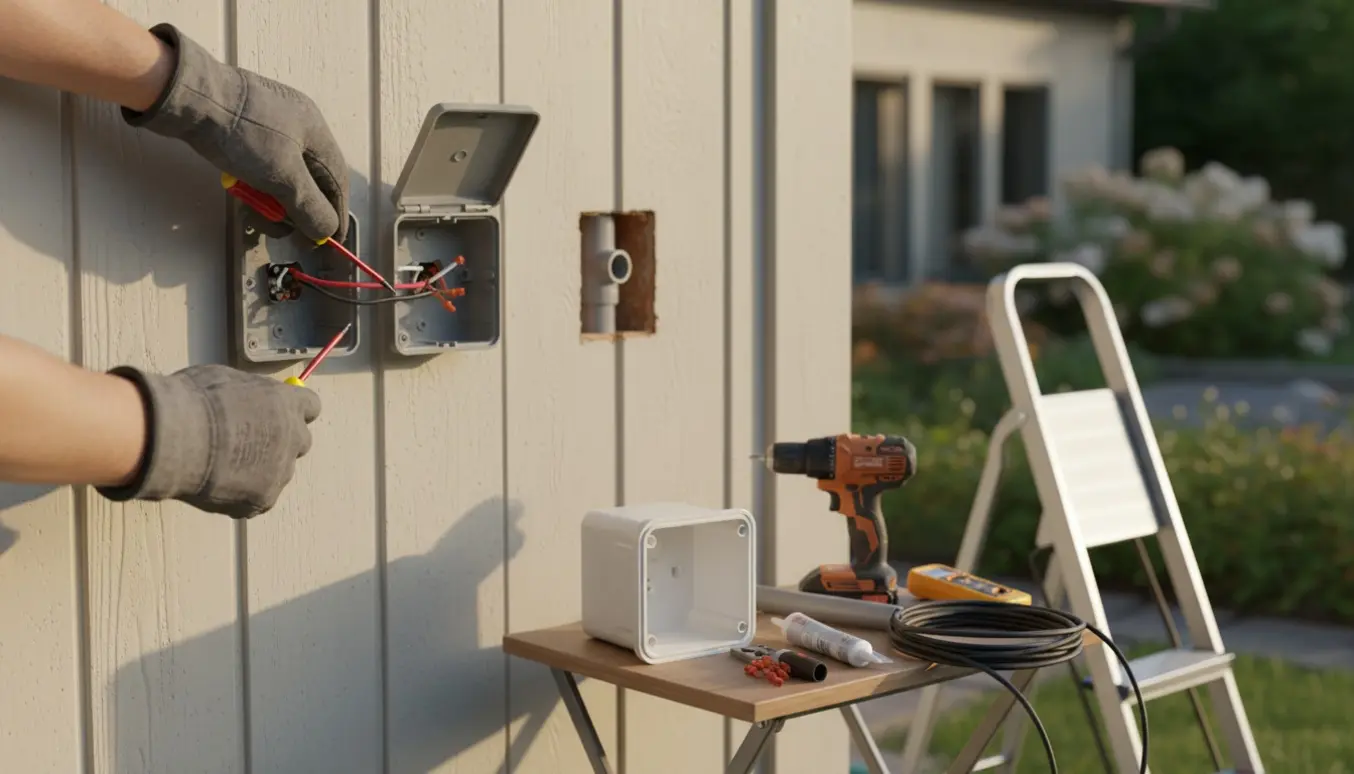 Arbejdshandsker udskifter en udendørs stikkontakt på husfacaden med værktøj og en ny installationsåbning ved siden af.