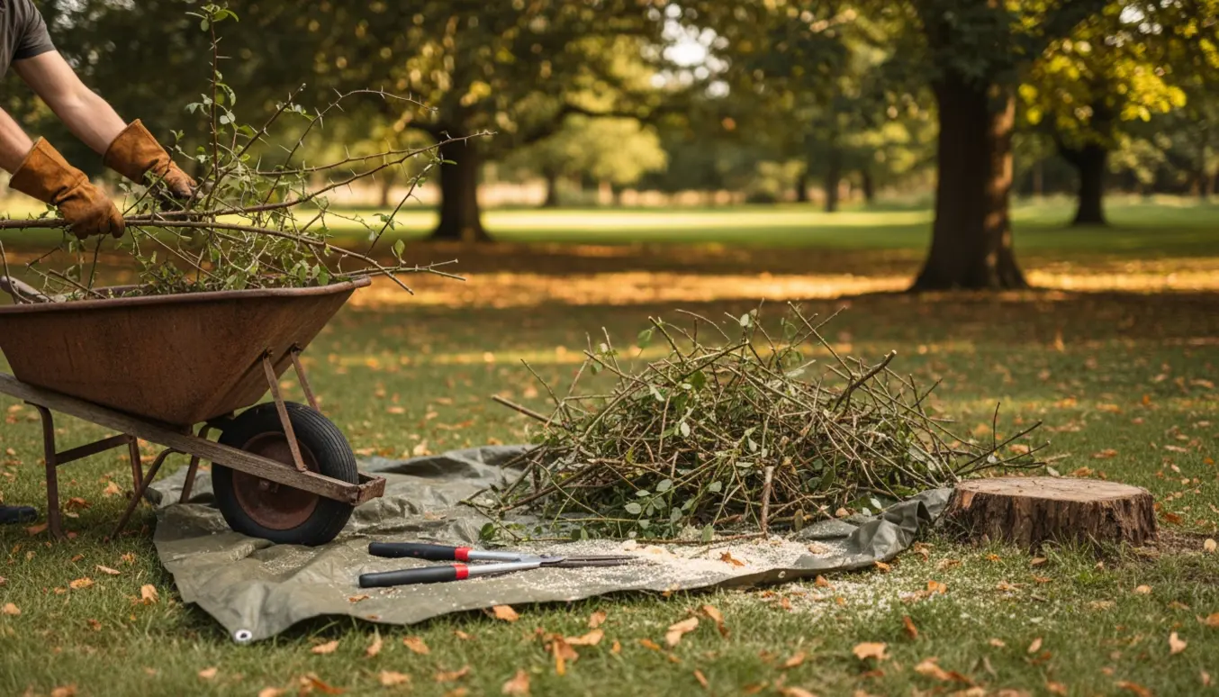 Handskeklædte hænder lægger beskårne tornegrene i en trillebør foran en bunke grene i haven.