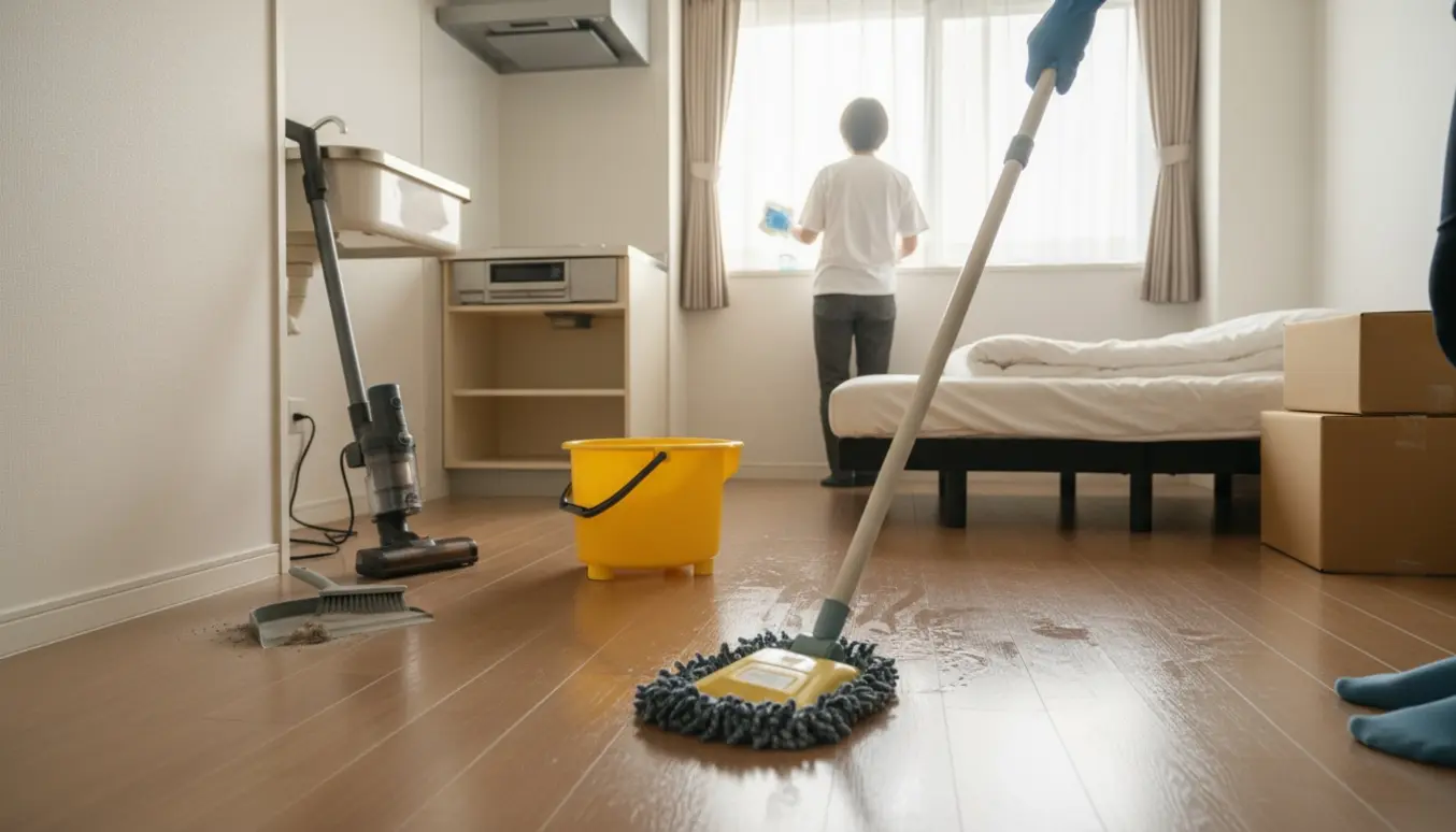 Flytterengøring i en lille etværelses lejlighed med moppet gulv og person i gummihandsker ved vinduet.