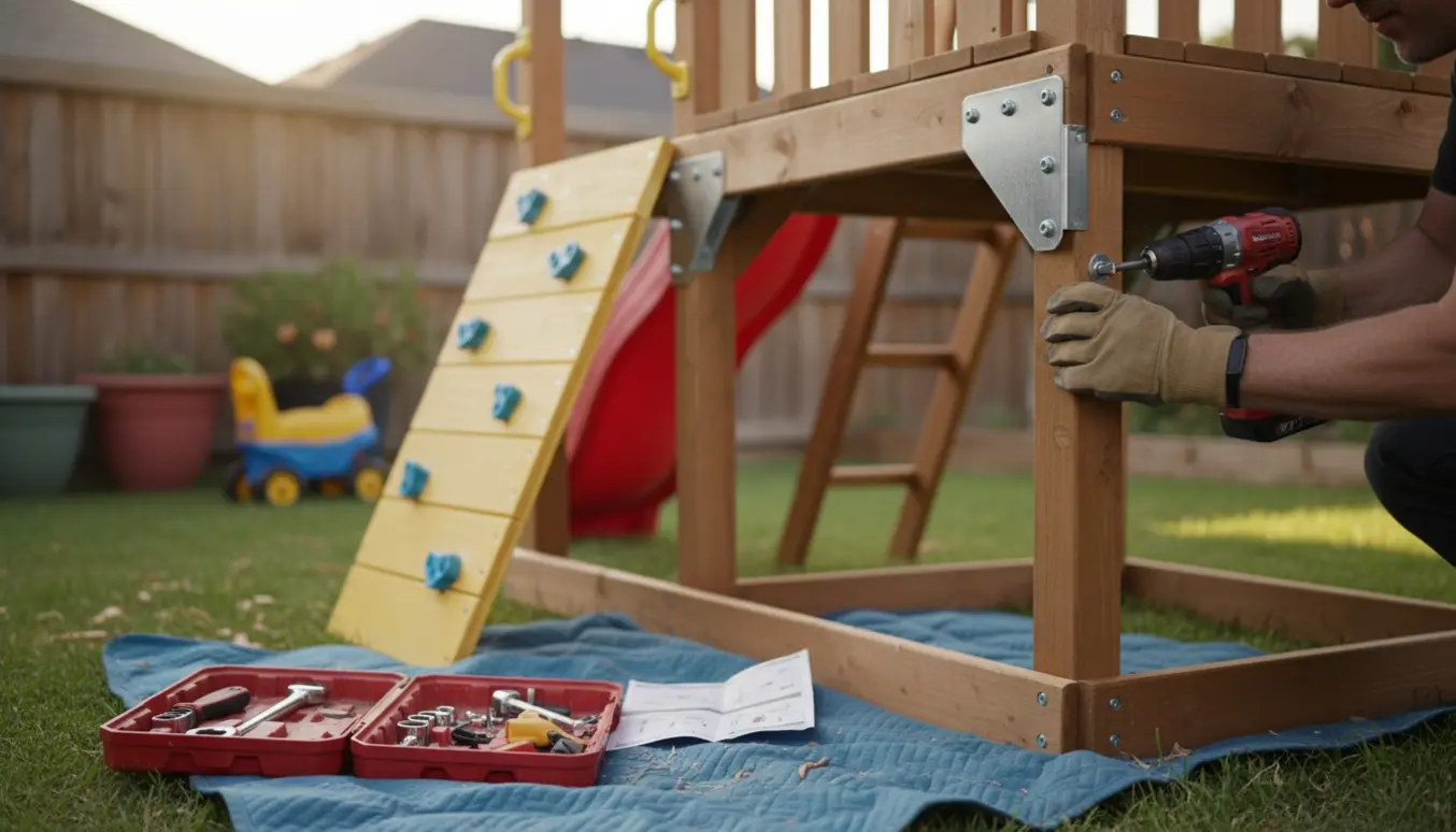 Delvist samlet legetårn i baghaven med værktøj og hænder, der strammer bolte.