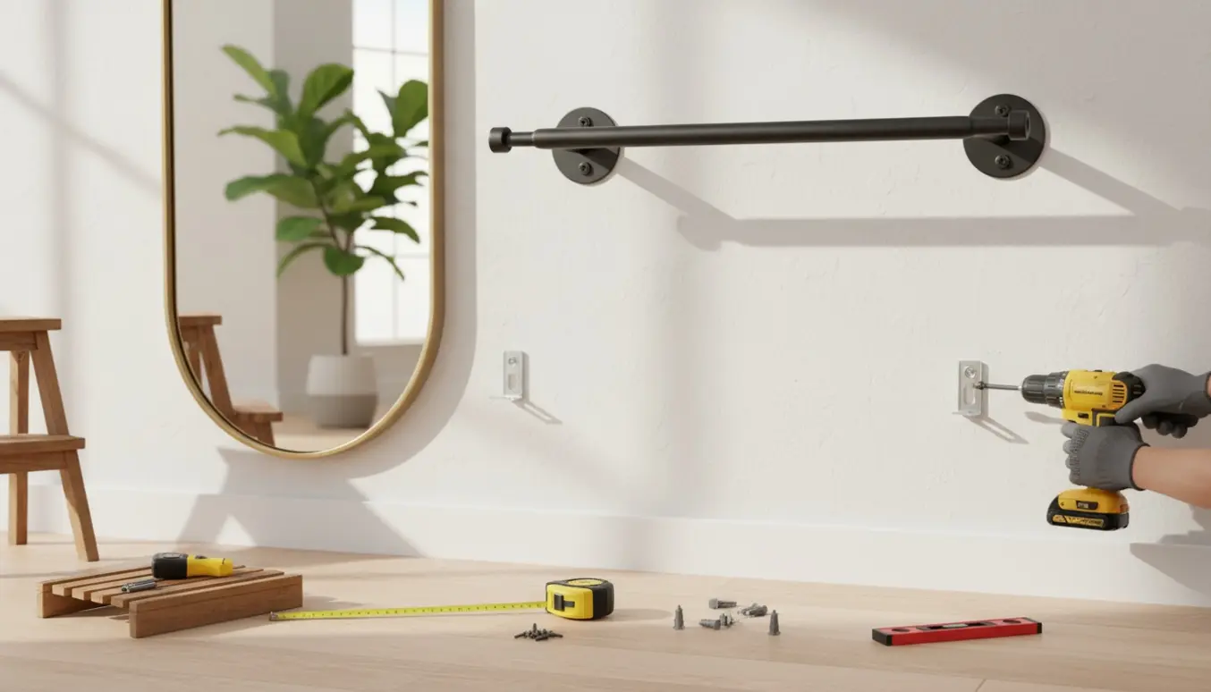 Nyopsat spejl på væggen med monteret pull-up-bar over og værktøj i forgrunden.