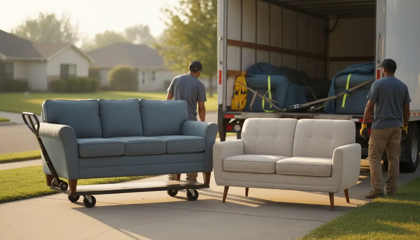 To brugte sofaer læsses i en åben flyttevogn ved fortovet med flyttetæpper og dolly.
