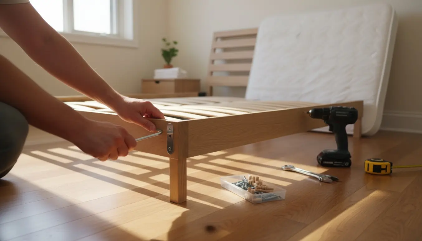 Hænder monterer et træ-sengestel med unbrakonøgle og værktøj i et lyst, ryddeligt soveværelse.
