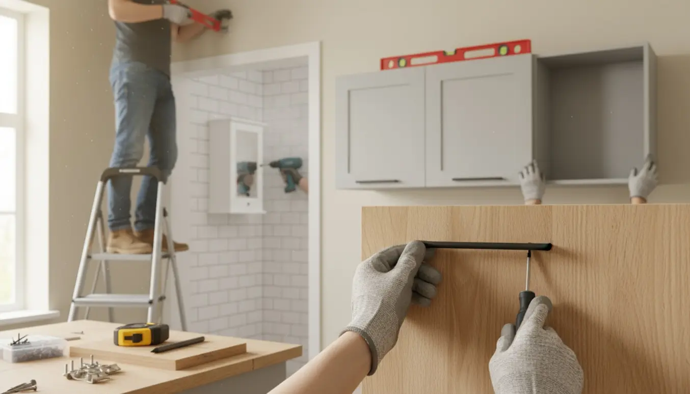 Nærbillede af montage af skabslåger og greb i køkken, overskabe hænges op og et lille badeværelsesskab bores i fuge.