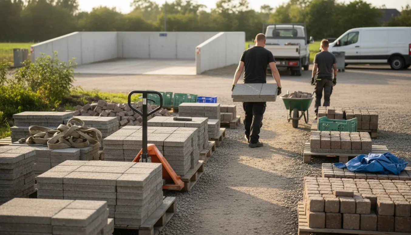 Stakke af 60x60 fliser og herregårdssten på paller ved en gangsti, mens arbejdere med handsker læsser dem op mod en varebil til genbrug.