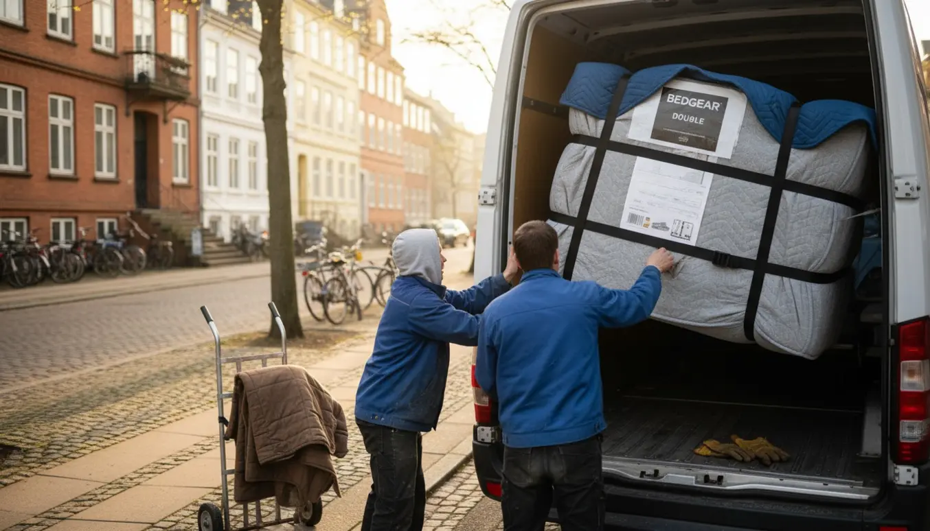 Et midtstørrelses boxmadras løftes ind i en flyttevogn på en rolig københavnsk villavej.