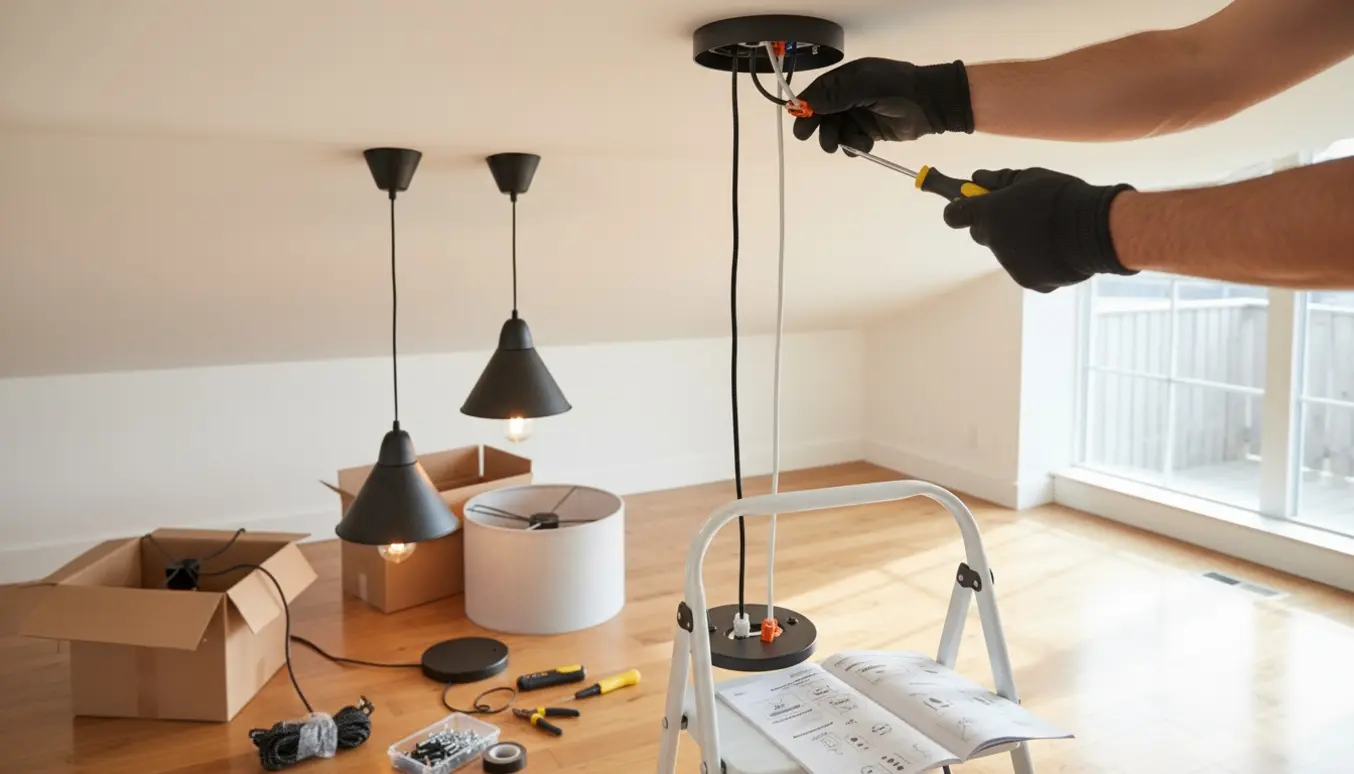 Hænder forbinder ledninger til en af fire moderne pendellamper i en stue med værktøj og indpakning ved siden af.