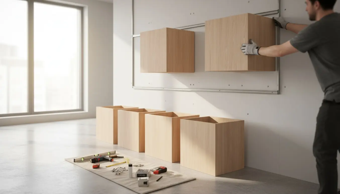 Montør hænger fem sammensatte IKEA-vægskabe op på metalskinner i en lys, moderne lejlighed.