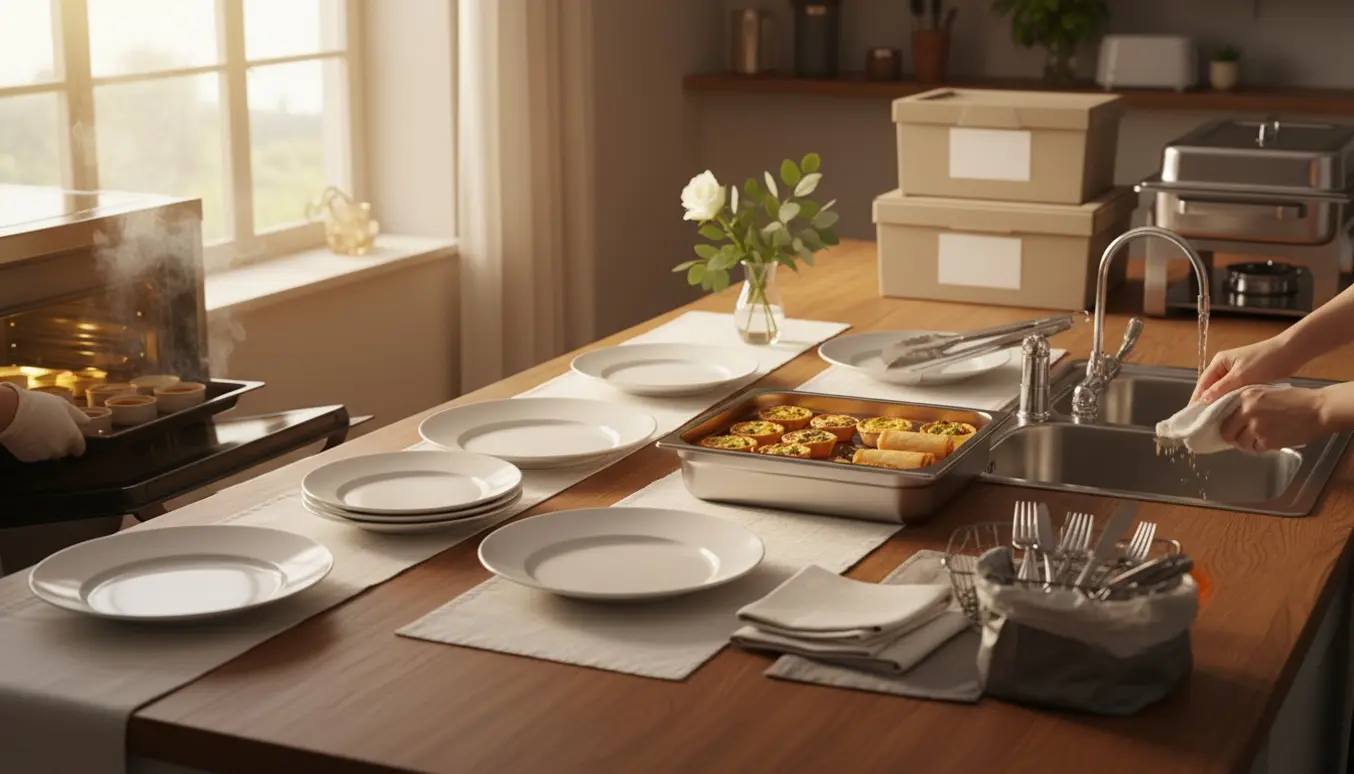 Hænder organiserer en buffet i et soloplyst køkken med fade, varmebakke og oprydning efter maden.