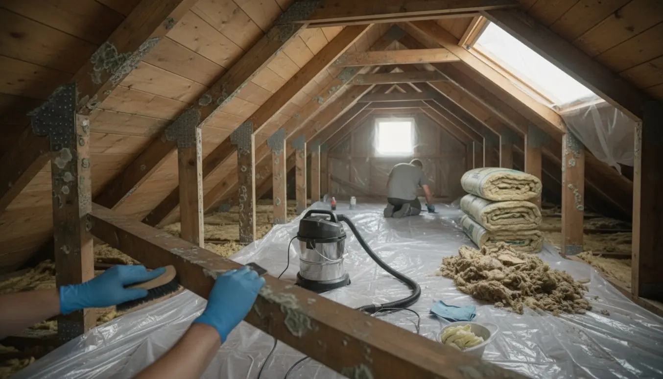 Hænder i handsker fjerner skimmelsvamp fra loftets spær med børste og HEPA-støvsuger under naturligt lys.